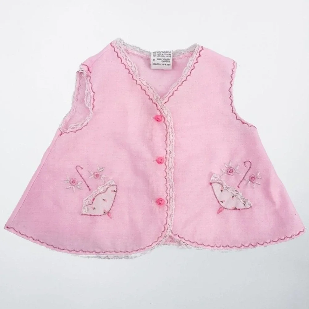 Vintage‎ Pink Umbrella Embroidered Lace Trim Baby Vest Birth to 3 Months